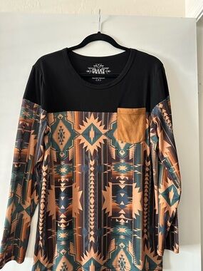 Crazy Train Black Teal and Tan Aztec Long Sleeve Tee